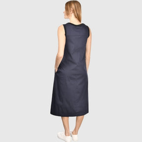 Gran Sasso: Navy Sleeveless Midi Dress with Pleated Front & Relaxed A-Line Fit