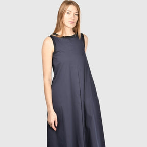Gran Sasso: Navy Sleeveless Midi Dress with Pleated Front & Relaxed A-Line Fit