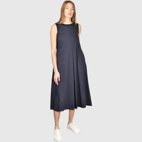 Gran Sasso: Navy Sleeveless Midi Dress with Pleated Front & Relaxed A-Line Fit