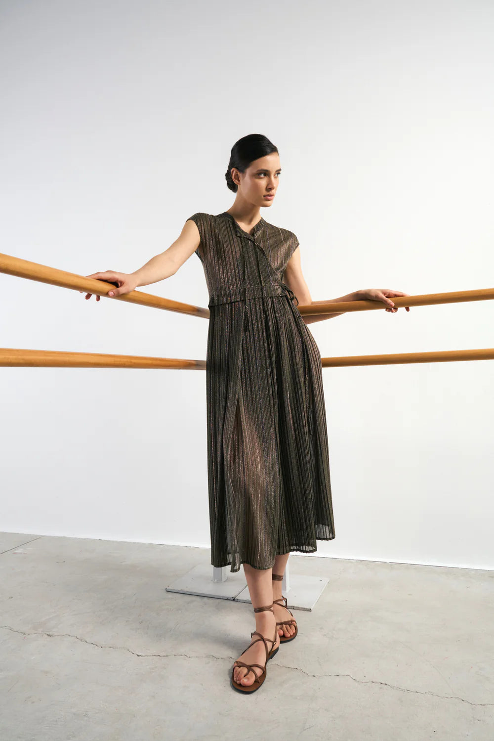 Sandro Ferrone: Metallic Pleated Wrap Midi Dress