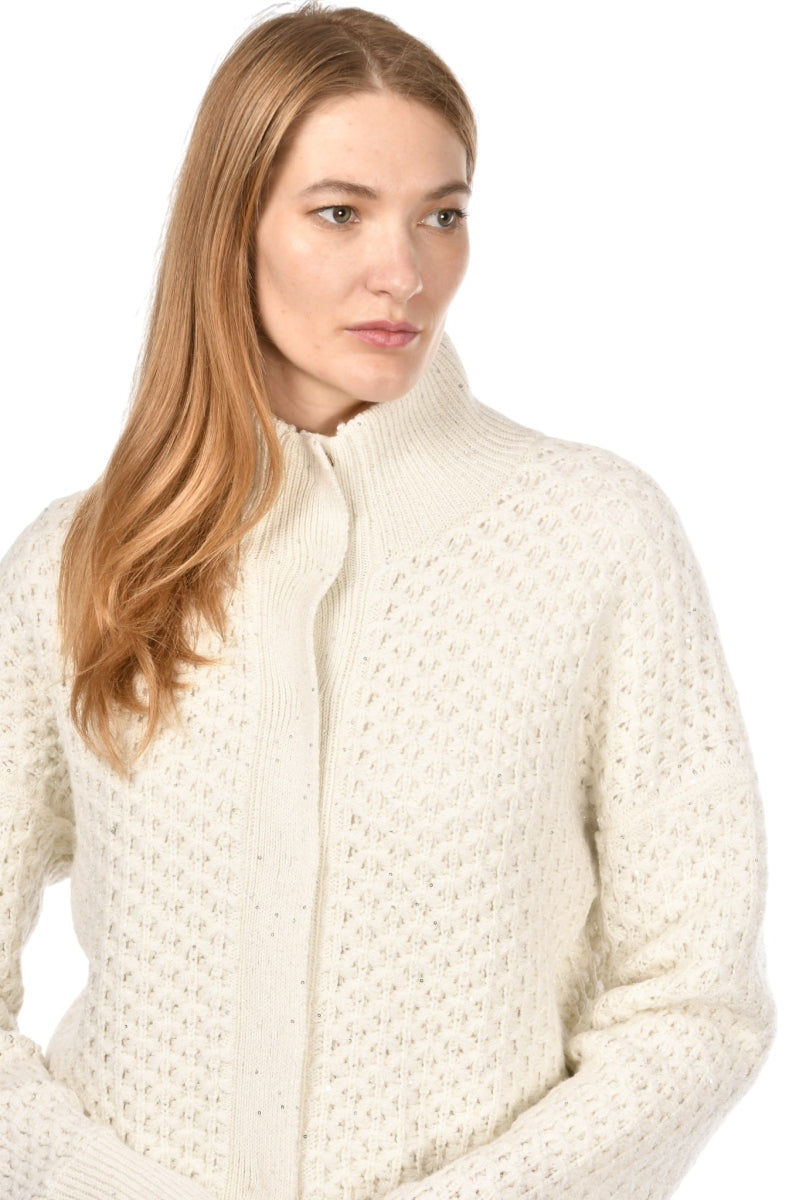 Gran Sasso Women’s Textured Snap-Front Knit Cardigan – Winter White with Silver