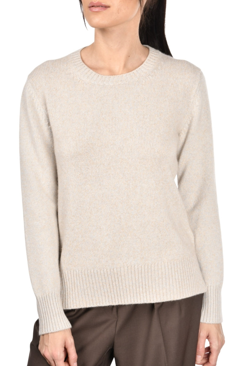 Gran Sasso Women’s Crew 100% Cashmere Neck Knit Sweater with Side Slits – Beige