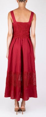 CLIPS: Elegant Linen Midi Dress – Deep Rasberry Embroidered Summer Dress for Women