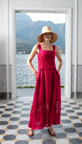 CLIPS: Elegant Linen Midi Dress – Deep Rasberry Embroidered Summer Dress for Women