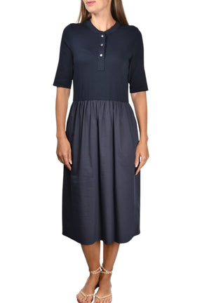 Gran Sasso: Navy Short Sleeve Midi Dress with Knit Top & Cotton Gathered Skirt