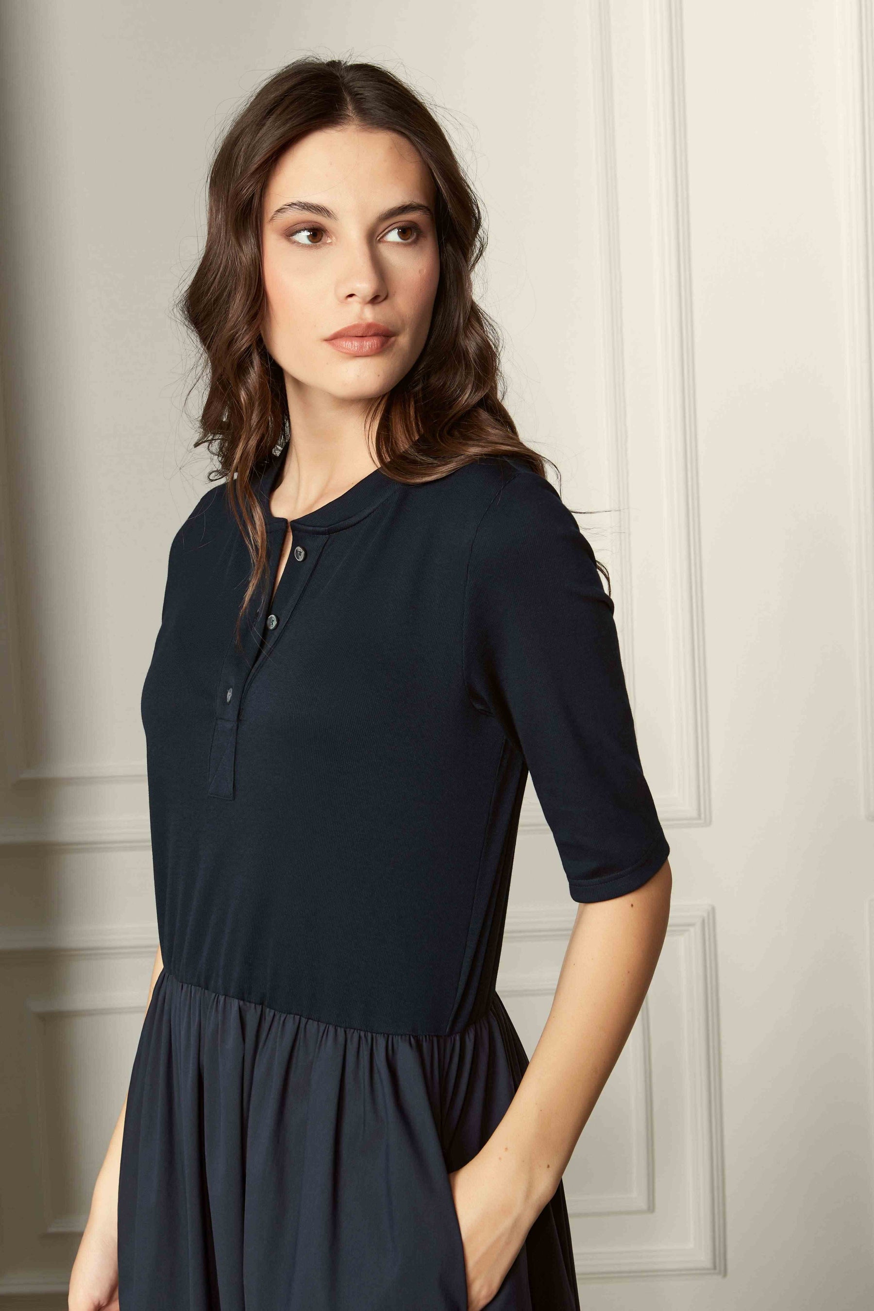 Gran Sasso: Navy Short Sleeve Midi Dress with Knit Top & Cotton Gathered Skirt