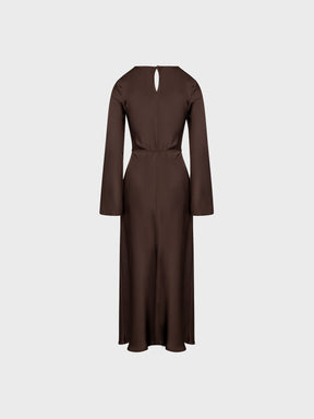 Sandro Ferrone: Satin Midi Dress with Bell Sleeves – Chocolate Brown