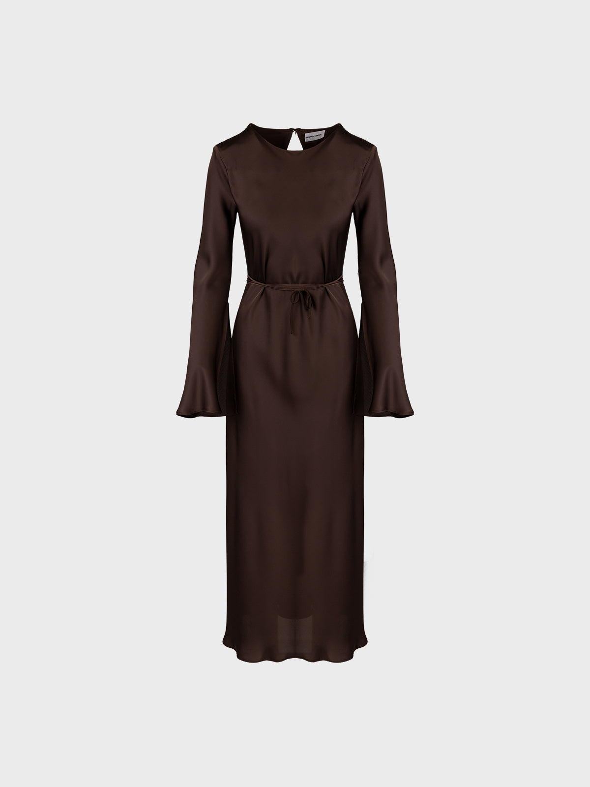 Sandro Ferrone: Satin Midi Dress with Bell Sleeves – Chocolate Brown