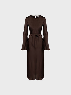 Sandro Ferrone: Satin Midi Dress with Bell Sleeves – Chocolate Brown