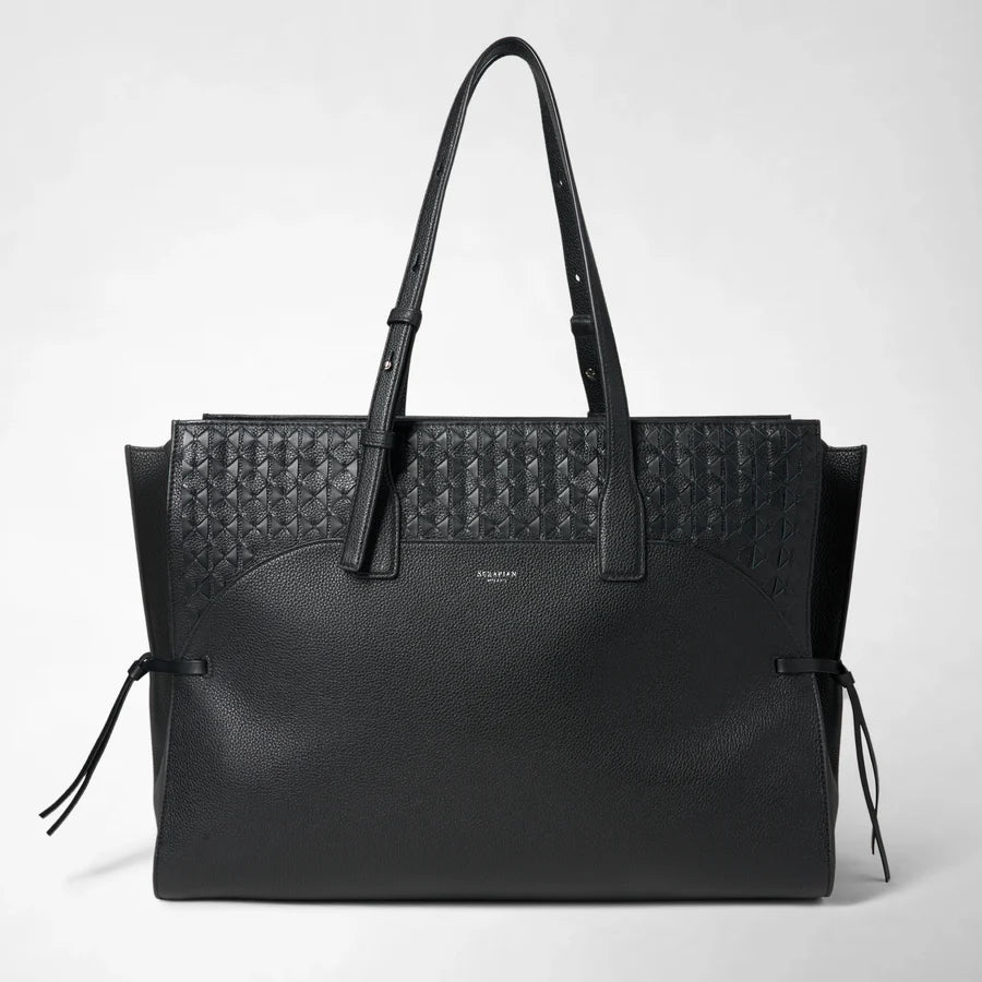 Serapian Maro Maxi Bag – Black Mosaico Cashmere Leather Large Tote with Adjustable Shoulder Strap
