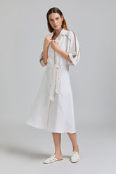 Tricot Chic: Belted Shirt Dress with Embellished Sleeves