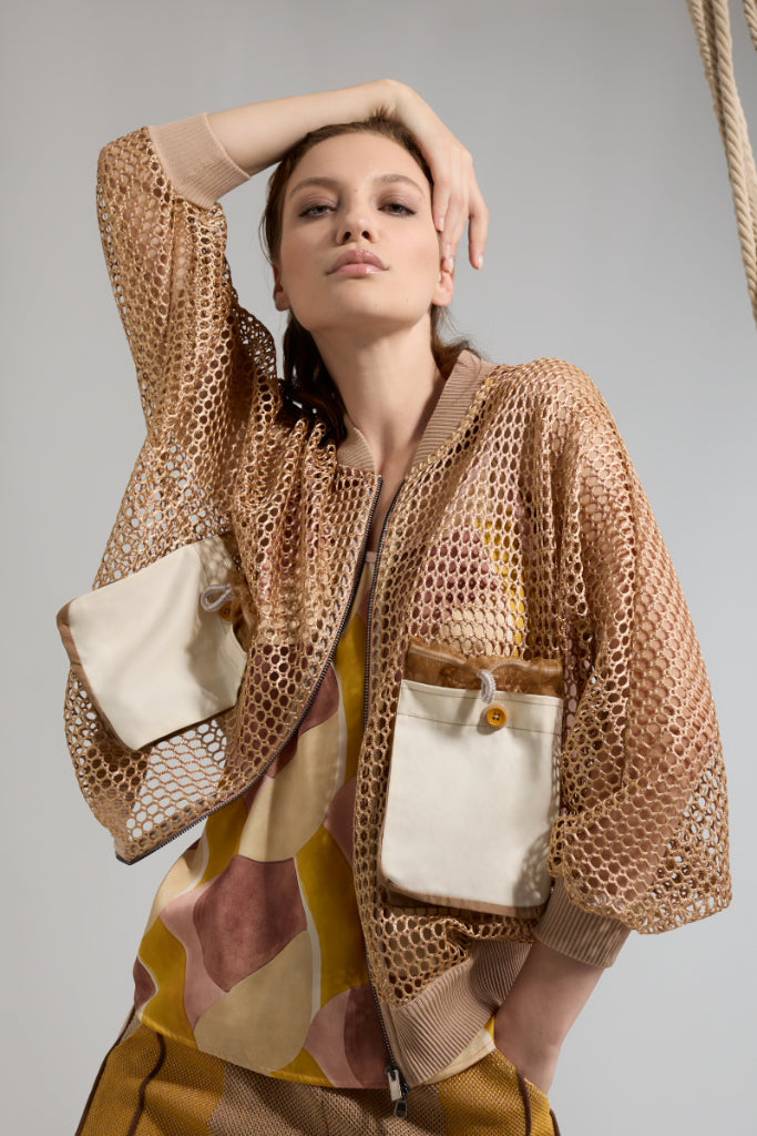 Tricot Chic: Mesh Bomber Jacket with Utility Pockets