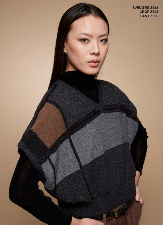 Tricot Chic: Color Block Knit Crop Sweater | Women's Grey V-Neck Pullover
