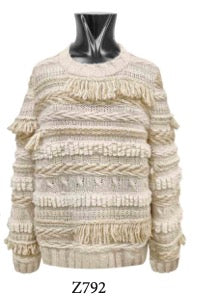 Tricot Chic: Textured Fringe Knit Sweater | Women's Cream Italian Designer Pullover