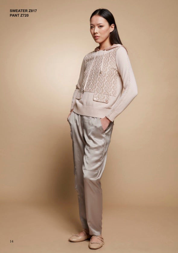 Tricot Chic: Lace Knit Hooded Sweater | Women's Beige Italian Designer Pullover