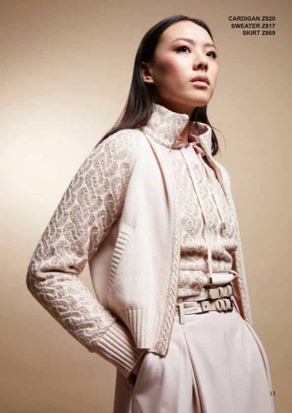 Tricot Chic: Lace Knit Zip Cardigan | Women's Beige Italian Designer Cardigan