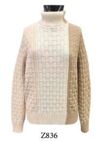 Tricot Chic: Color Block Turtleneck Sweater | Women's Beige & Ivory Knit