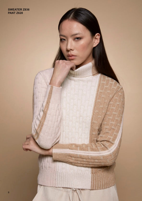 Tricot Chic: Color Block Turtleneck Sweater | Women's Beige & Ivory Knit