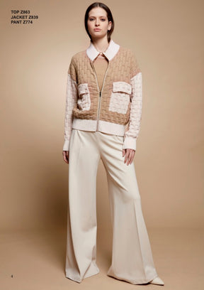 Tricot Chic: Color Block Knit Zip Cardigan | Beige & Ivory Sweater Jacket
