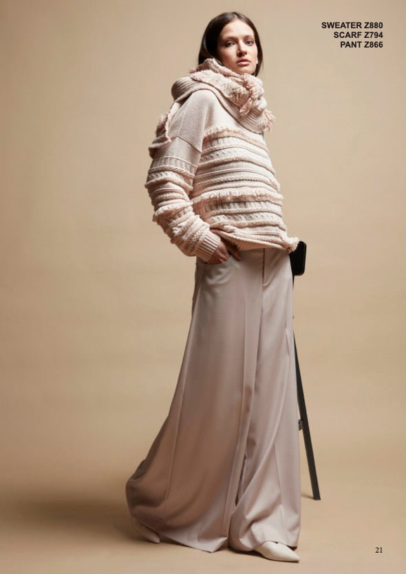 Tricot Chic: Textured Fringe Knit Sweater | Women's Beige Italian Designer Pullover